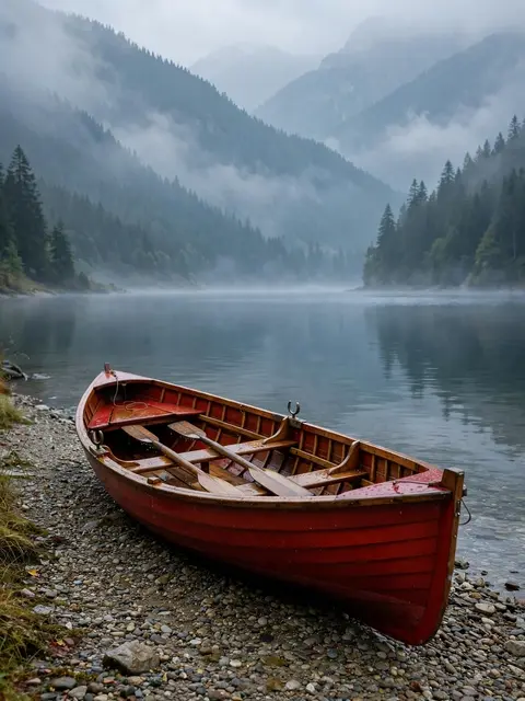 A red wooden rowing boat rests on a pebbled lake shore beside calm fog-shrouded water and forested mountains.
