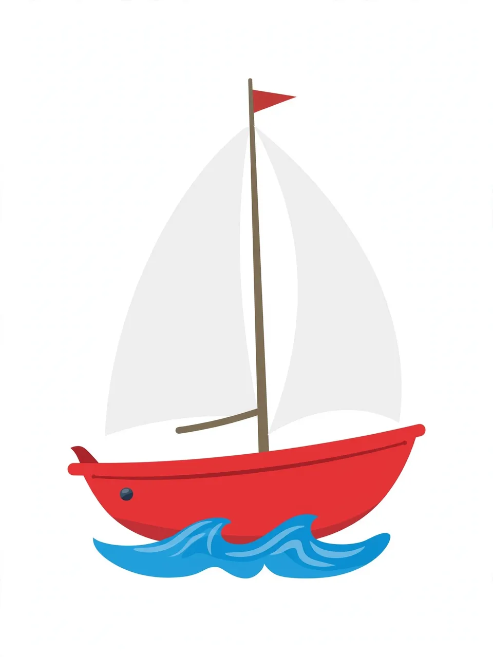 Flat clipart illustration of a red hulled sailboat with white sails resting on small blue waves against a light plain