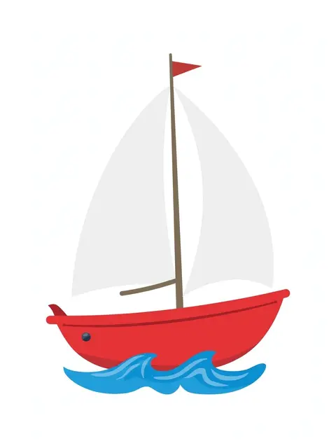 Flat clipart illustration of a red hulled sailboat with white sails resting on small blue waves against a light plain
