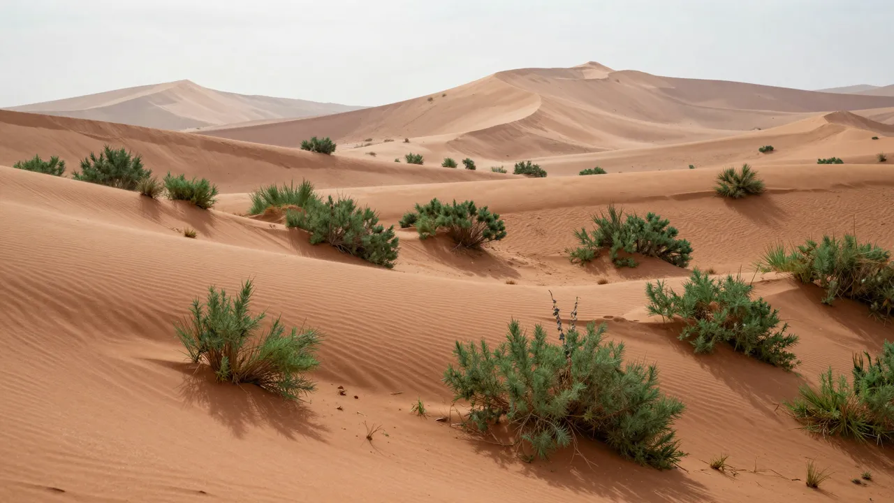 Rolling red desert dunes dotted with green low shrubs under soft pale morning light