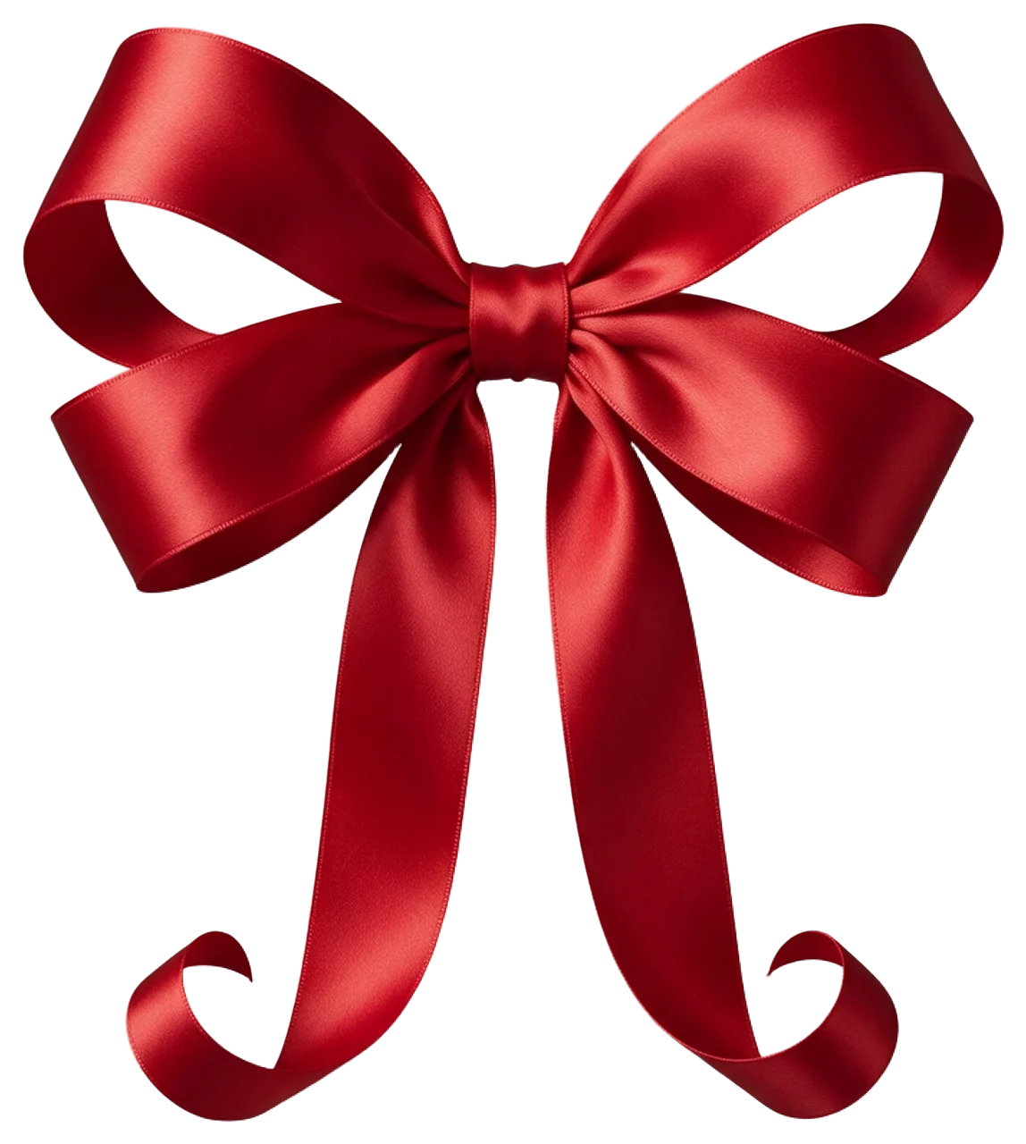 Glossy red satin ribbon bow with long curled trailing tails viewed from the front