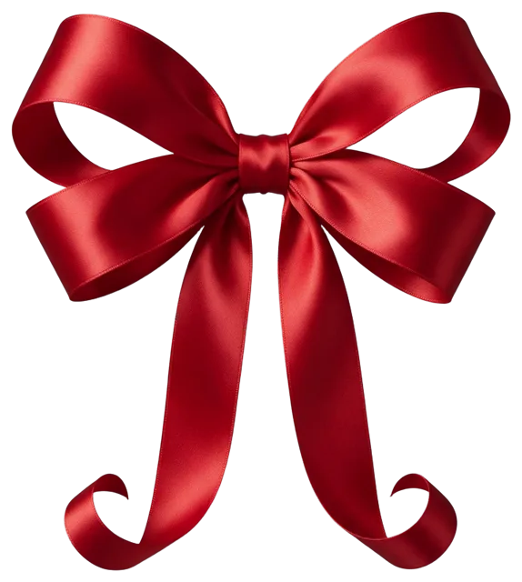 Glossy red satin ribbon bow with long curled trailing tails viewed from the front