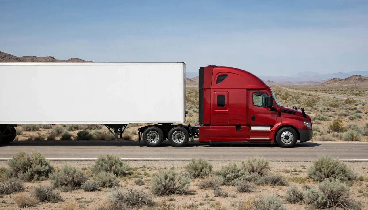 Side view of a red modern semi truck with a plain white trailer parked on a desert highway surrounded by sagebrush