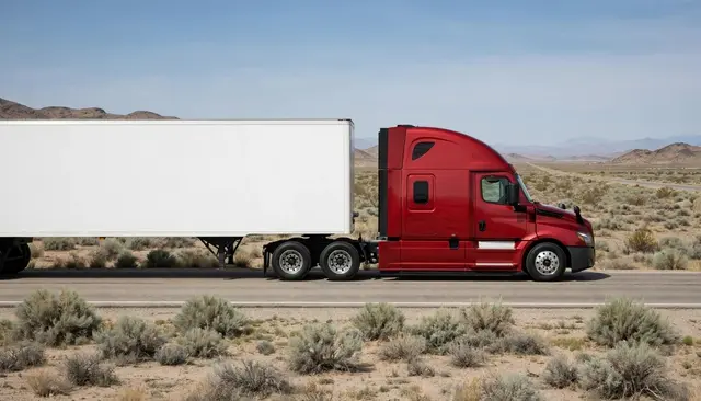Side view of a red modern semi truck with a plain white trailer parked on a desert highway surrounded by sagebrush