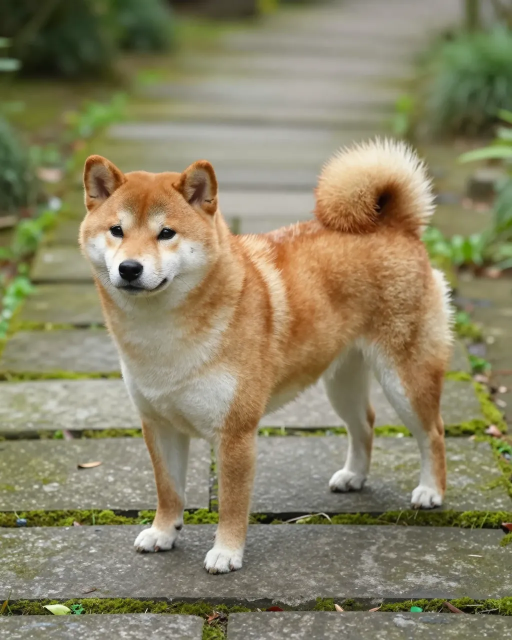 A red and cream Shiba Inu stands on a mossy stone garden path facing the camera