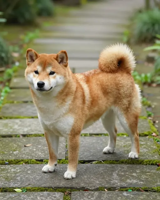 A red and cream Shiba Inu stands on a mossy stone garden path facing the camera