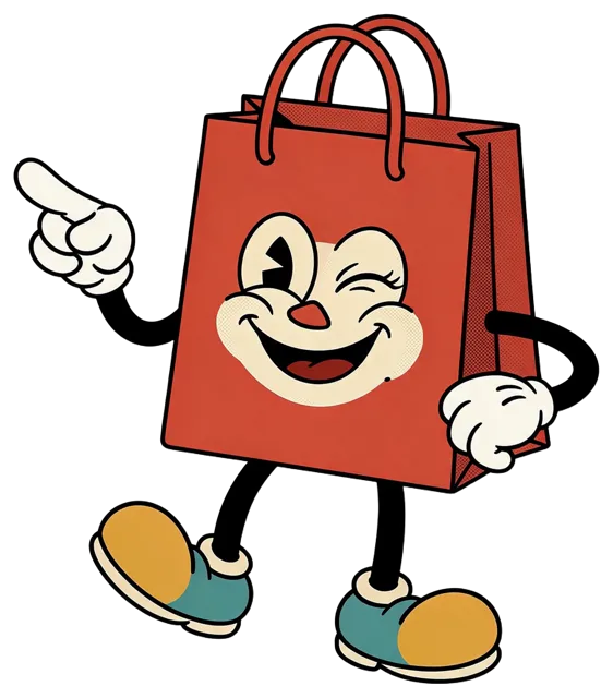 Retro rubber hose cartoon red shopping bag mascot winks and points forward cheerfully