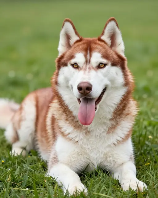 A red and white Siberian husky with amber eyes rests panting on green summer grass.
