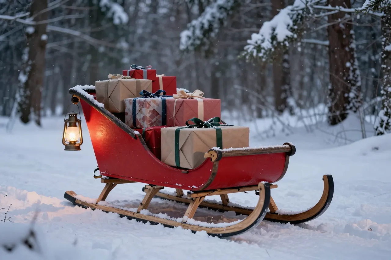 A red wooden sleigh piled with wrapped holiday gifts sits on snow in a winter forest, lit by a glowing hanging lantern.
