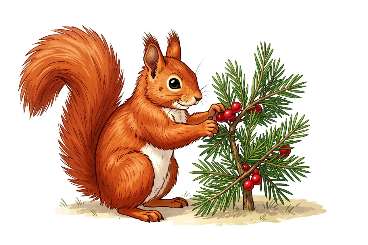 A cartoon red squirrel places red berries on a small young pine tree.