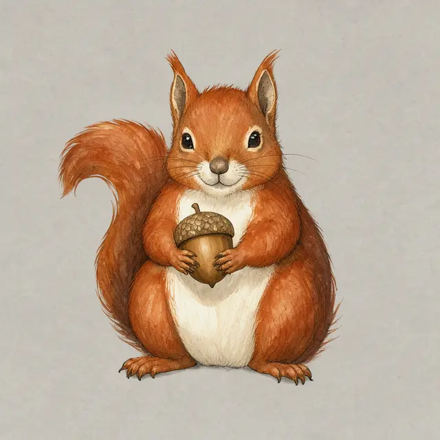 Soft watercolour illustration of a friendly red squirrel sitting and holding an acorn