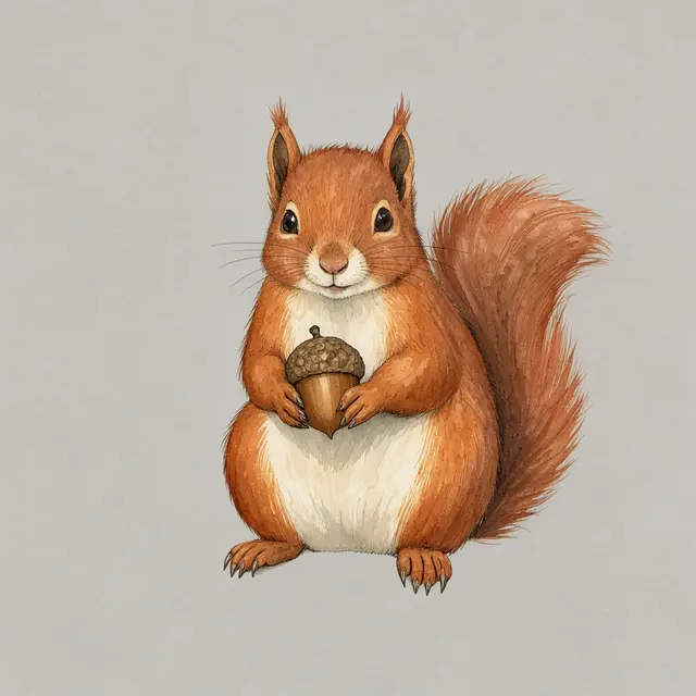 Soft watercolour illustration of a friendly red squirrel holding an acorn against a plain grey background