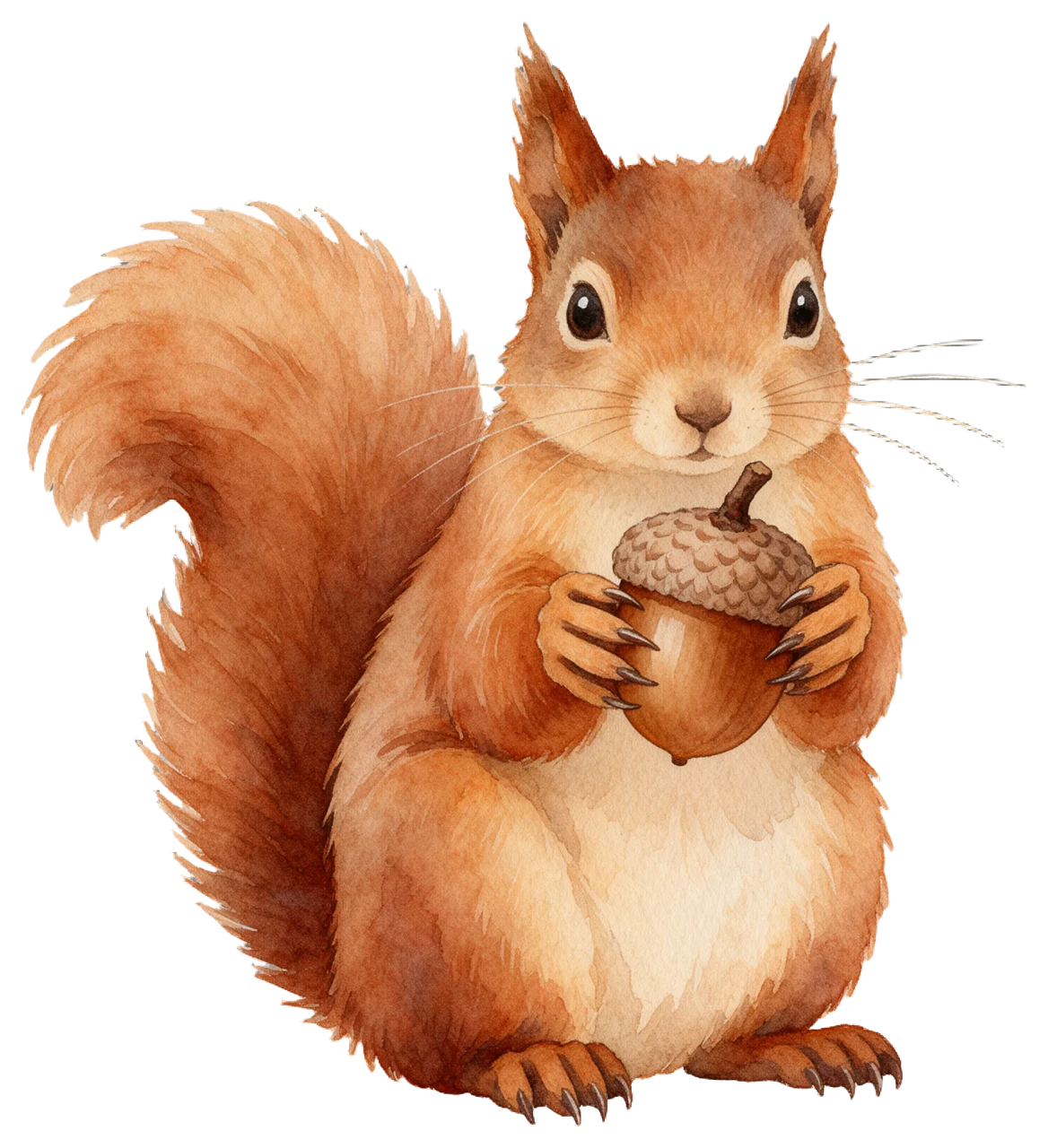 Soft watercolour red squirrel sitting upright holding a large acorn