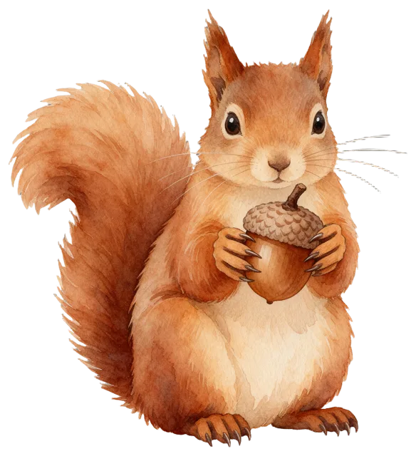 Soft watercolour red squirrel sitting upright holding a large acorn
