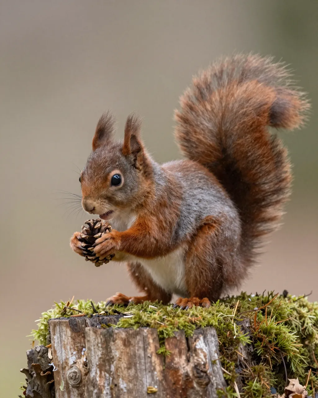 A red squirrel with ear tufts and a bushy tail holds a pine cone while standing on a mossy tree stump