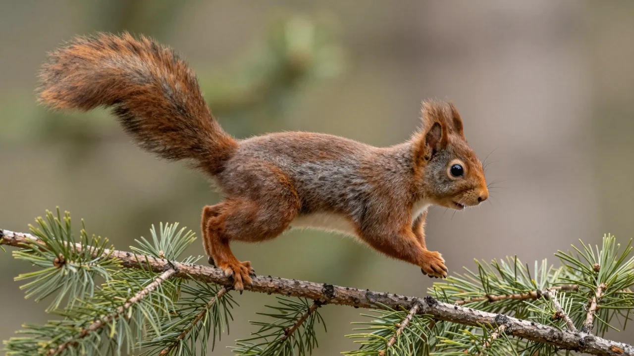 A red squirrel mid-leap with a bushy outstretched tail balances on a pine branch in soft forest light