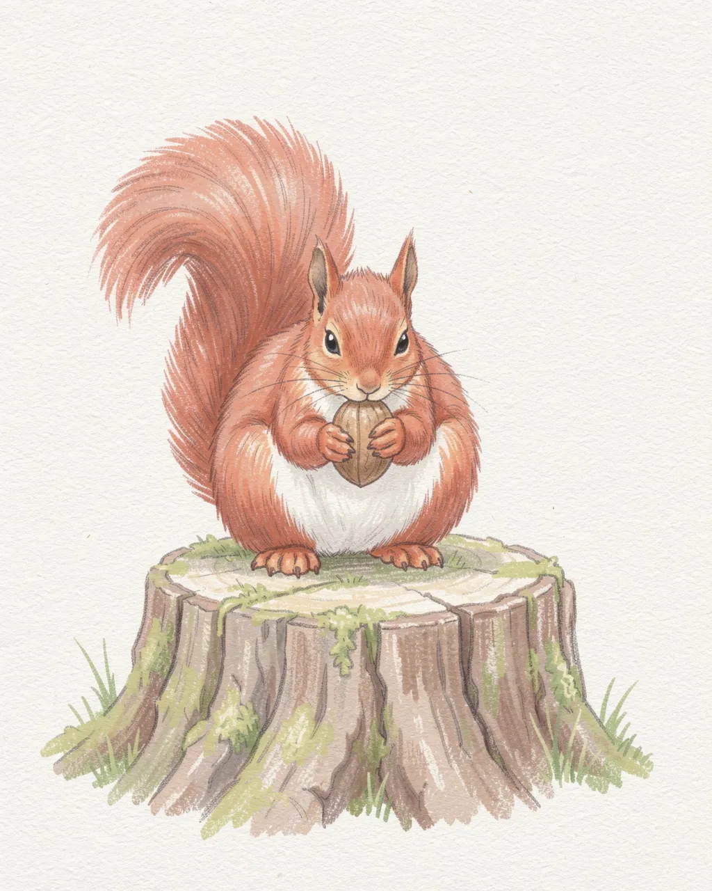 Soft pastel drawing of a red squirrel holding a nut while sitting on a mossy tree stump.