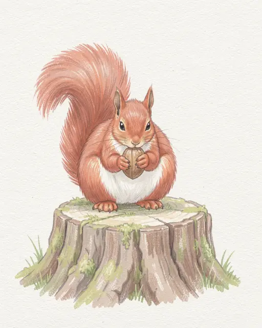 Soft pastel drawing of a red squirrel holding a nut while sitting on a mossy tree stump.