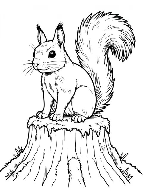 Black and white line art of a tufted ear squirrel sitting atop a mossy tree stump on a plain white background