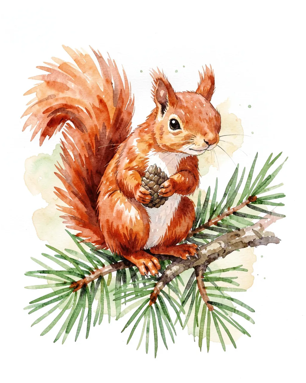 Watercolor red squirrel sits on a pine branch holding a small pine cone against soft colored washes