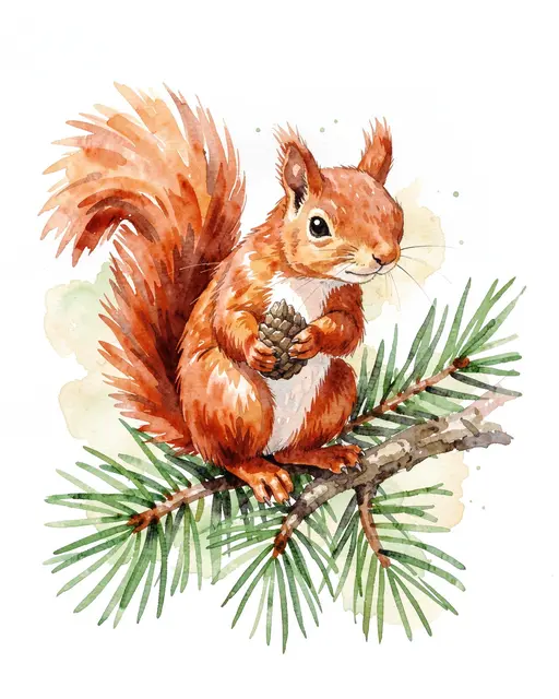 Watercolor red squirrel sits on a pine branch holding a small pine cone against soft colored washes