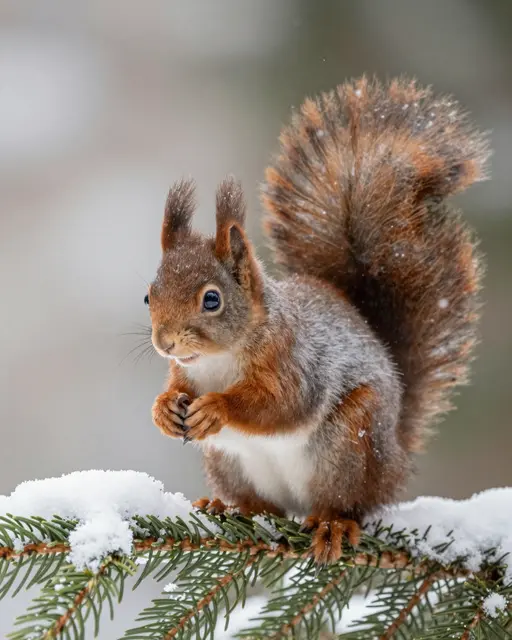 A red squirrel with snow-dusted ear tufts sits on a snow-covered spruce branch during falling snow
