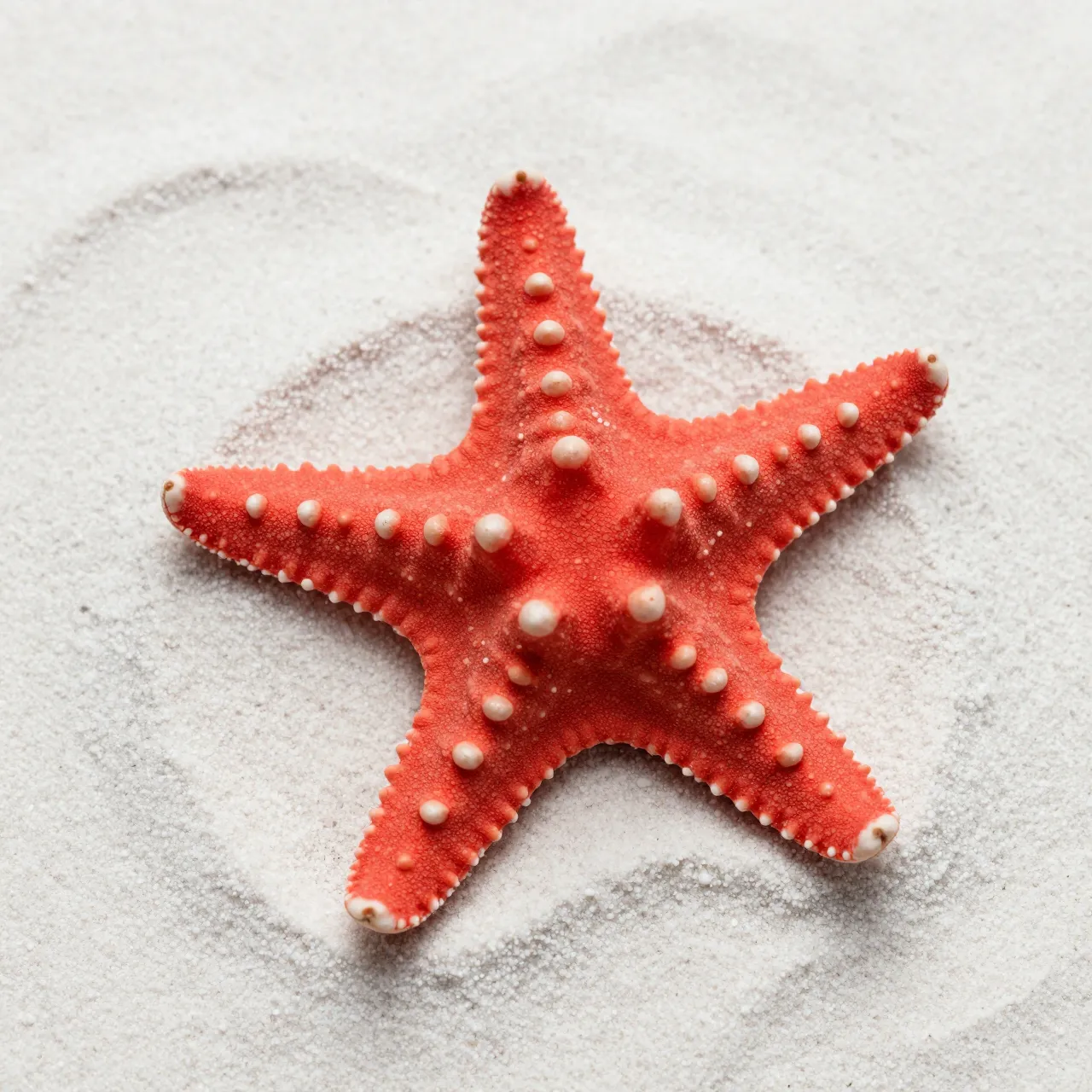 Top-down view of a textured red starfish resting on fine pale white beach sand.