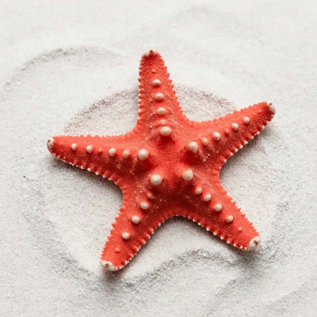Top-down view of a textured red starfish resting on fine pale white beach sand.