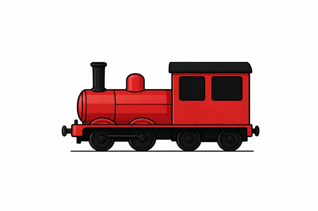 Flat side view clipart of a simple red steam train with a black funnel isolated on a white background