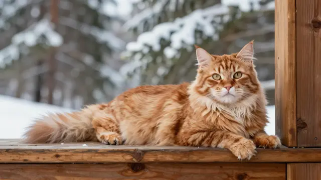Long-haired red tabby cat rests on a wooden cabin porch with snowy pine trees in the blurred background