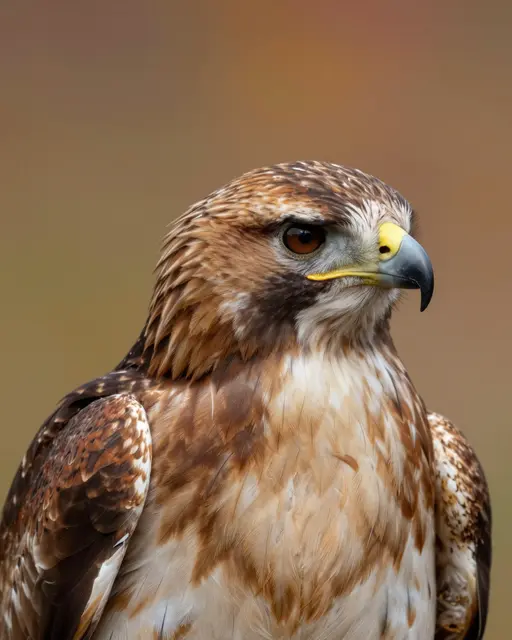 Close-up profile view of a red-tailed hawk with a hooked beak against a soft blurred autumn background