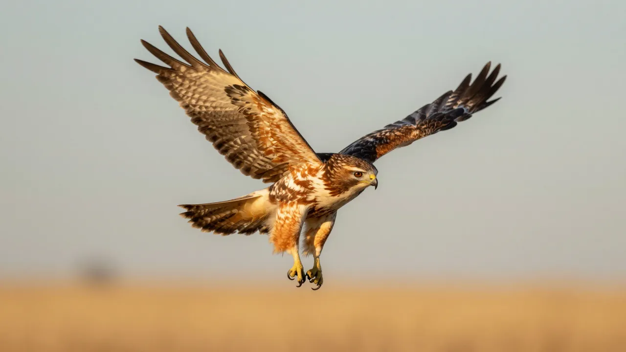 A red-tailed hawk with spread wings hovers above a blurred golden prairie under soft hazy daylight.