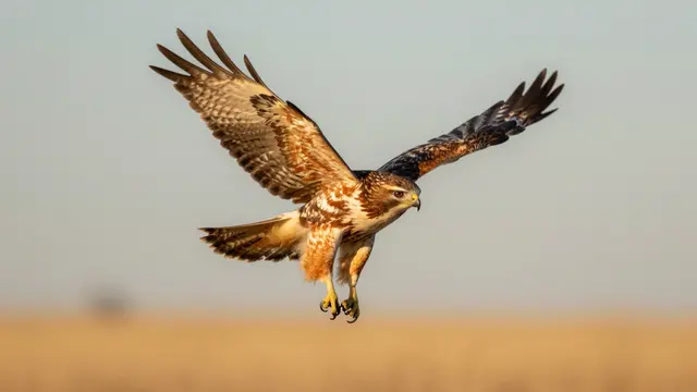 A red-tailed hawk with spread wings hovers above a blurred golden prairie under soft hazy daylight.