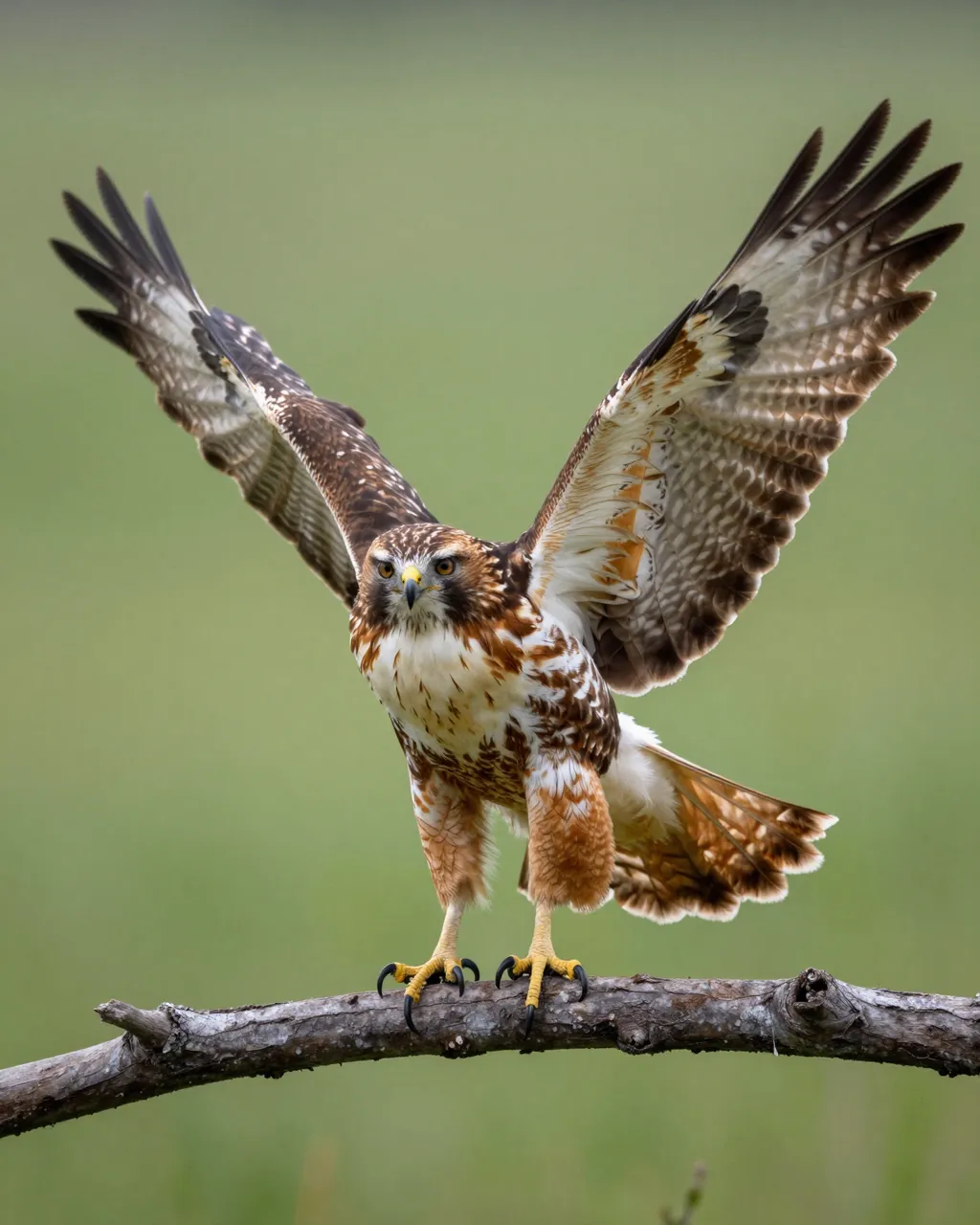 Red-tailed hawk with fully spread wings grips a branch, set against soft blurred green background