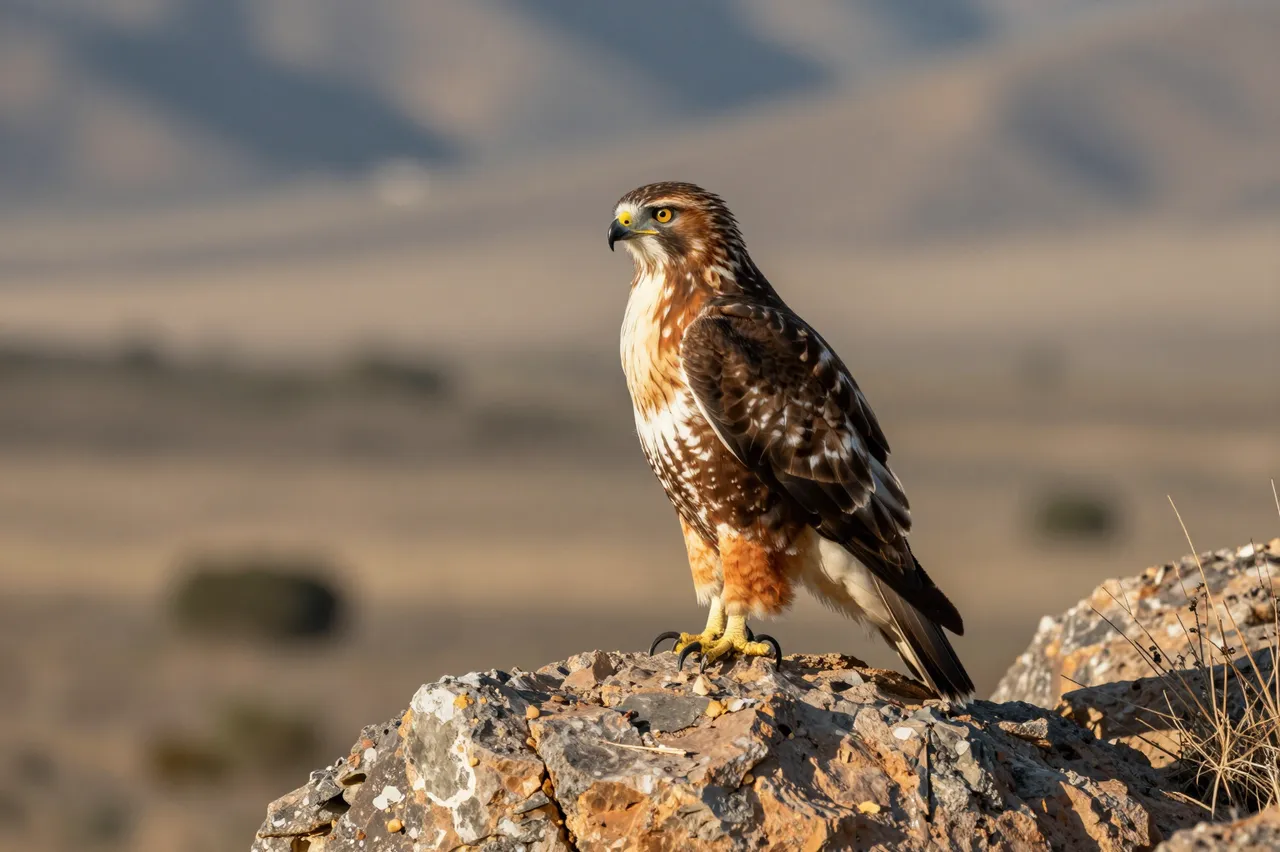A red-tailed hawk stands alert on a rocky ledge overlooking a dry scrub valley in warm morning light.