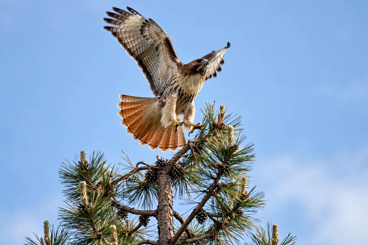 A red-tailed hawk spreads its wings as it lifts from the top of a tall pine against a clear blue sky
