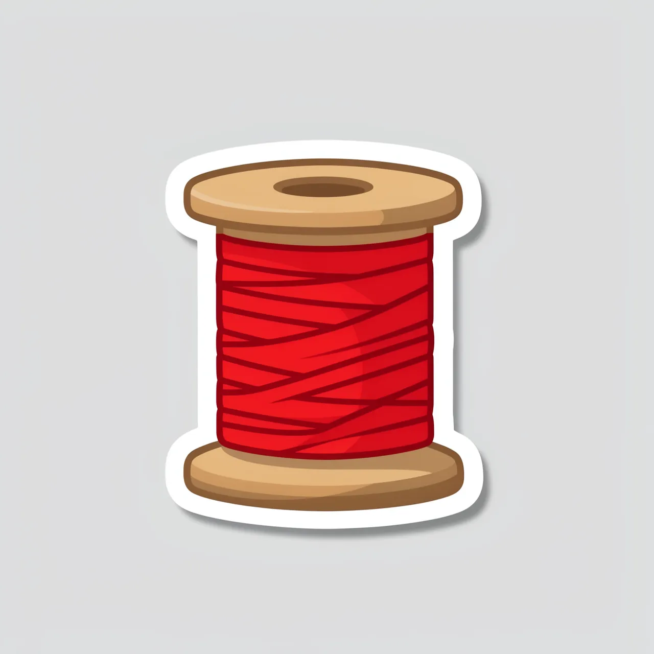 Die-cut sticker illustration of a wooden spool of red thread on a plain light gray background