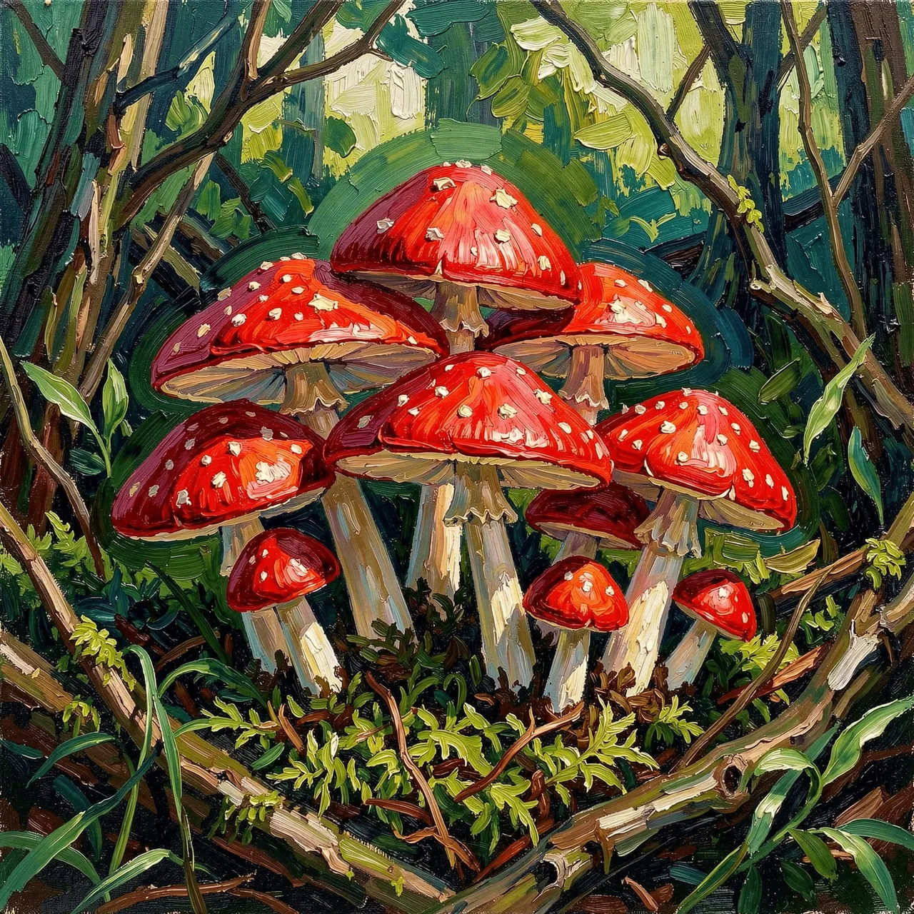 Impasto oil painting of a cluster of red spotted fly agaric mushrooms growing on a mossy forest floor