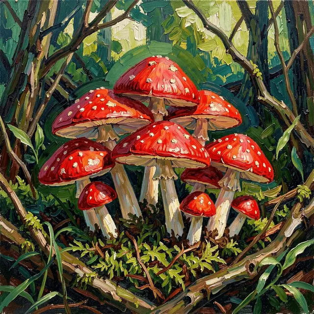 Impasto oil painting of a cluster of red spotted fly agaric mushrooms growing on a mossy forest floor