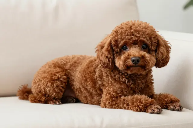 Curly red toy poodle lies resting on a soft cream sofa cushion looking toward the camera with bright dark eyes.