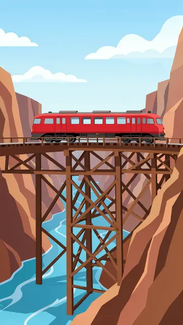 A red train sits atop a tall wooden trestle spanning a rocky canyon above a winding river under a blue sky.