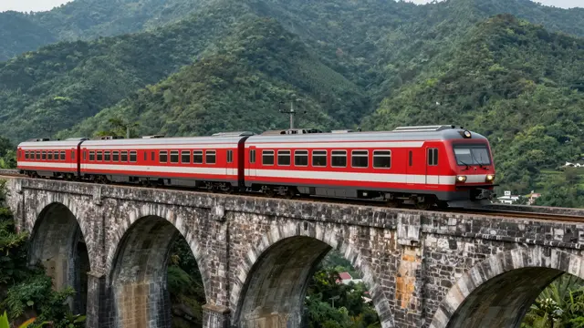 A red and silver passenger train travels across an arched stone viaduct backed by forested green mountains.