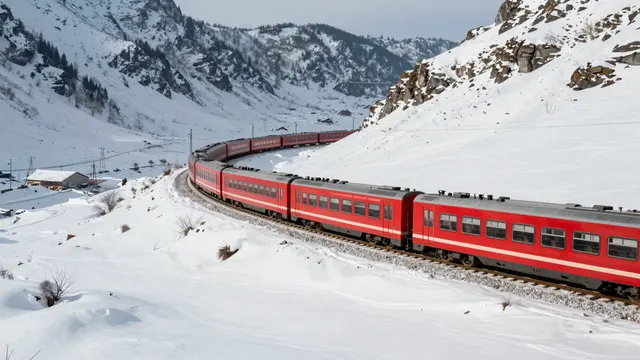 A long red passenger train curves along railway tracks through a snow-covered mountain valley viewed from an elevated