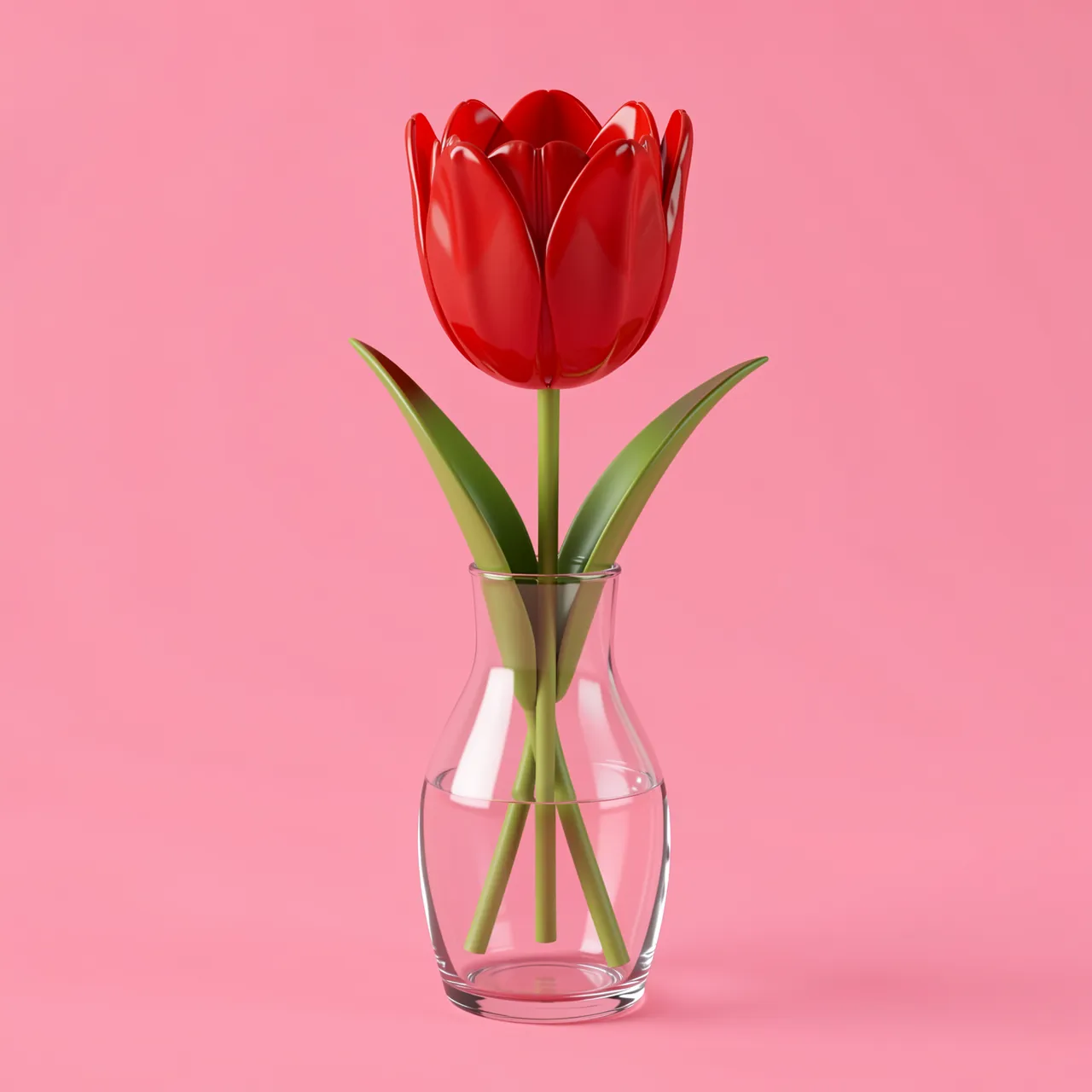 Glossy 3D render of a single red tulip in a clear glass vase against a solid pink background