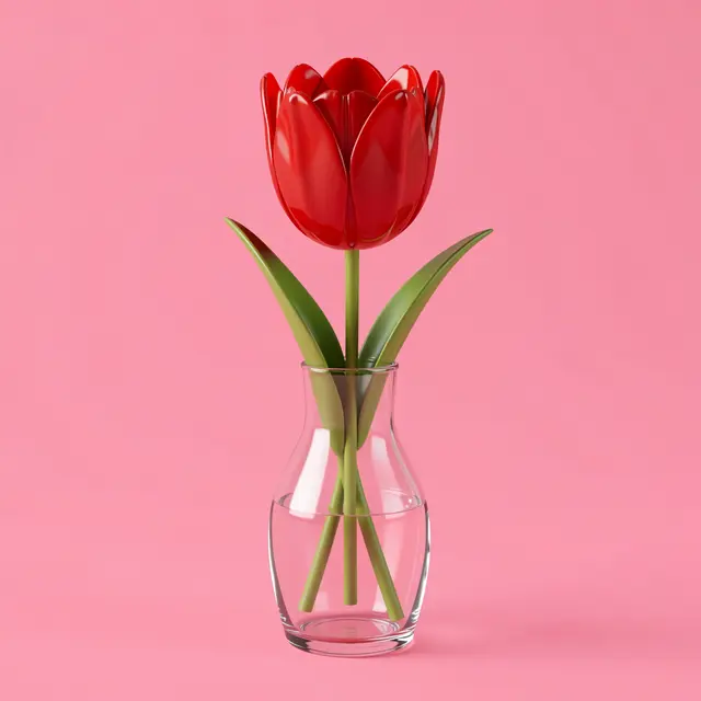 Glossy 3D render of a single red tulip in a clear glass vase against a solid pink background