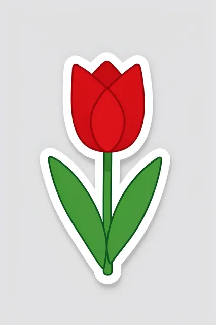 Cute flat red tulip die-cut sticker with a white border on a light gray background