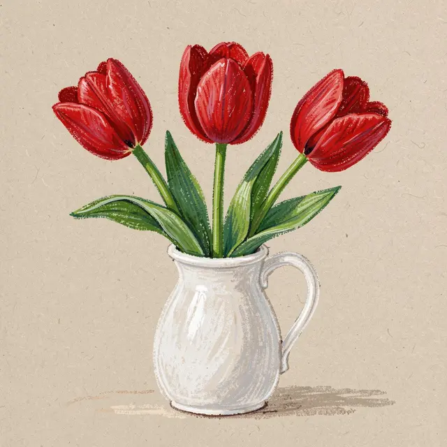 Oil pastel drawing of three red tulips in a white ceramic jug on tan toned paper