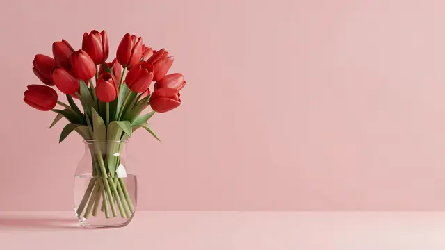 A clear glass vase holding a bouquet of red tulips sits on the left of a soft pastel pink surface and wall with empty copy