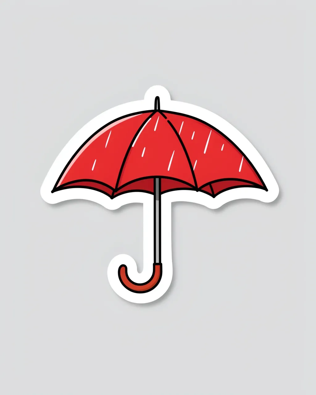 Cute flat illustration sticker of an open red umbrella with a white border on a light gray background