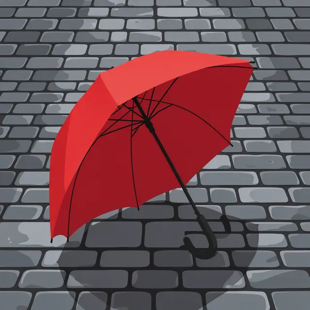 An open red umbrella rests on damp gray cobblestone pavement in a flat vector style.